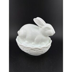 Mosser Glass milk glass bunny on a basket figurine